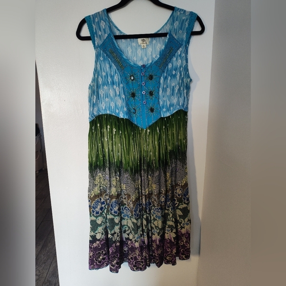 Size Medium Sleeveless Bohemian Hippie Colorful Sun Dress Small Beading #306 - Picture 1 of 2